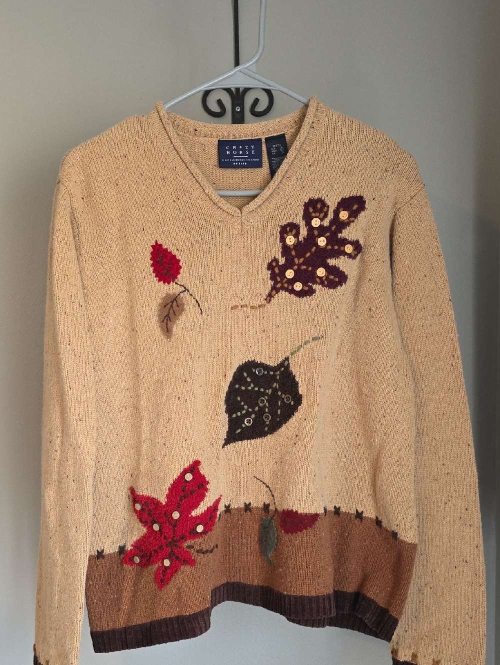 Fall Sweater by Crazy Horse with Leaf Embroidery Size PXL